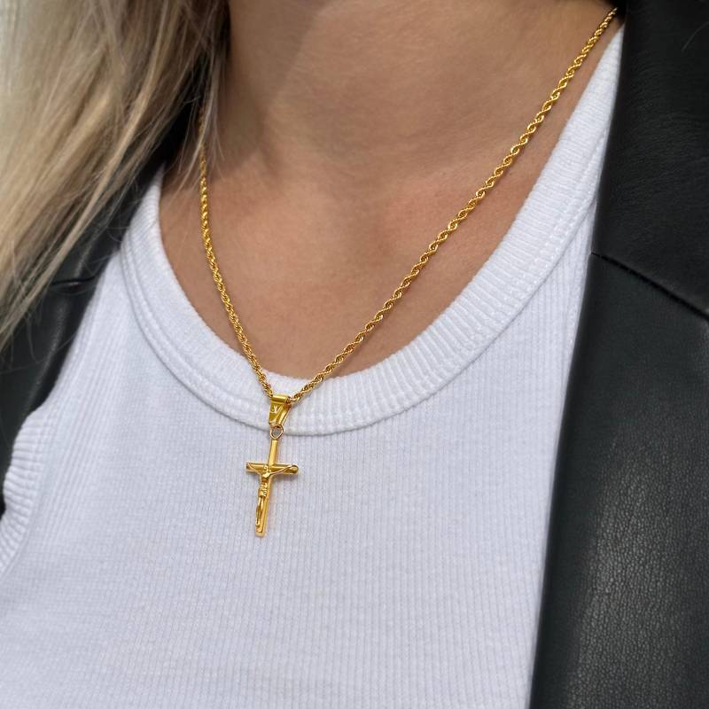 Gold Cross Chain Women | Jesus Pendant 2mm Rope Necklace Religious Jewelry Crucifix Waterproof & Non Fading von StainlessJV