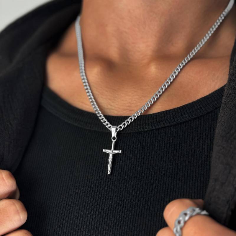 Jesus Cross Chain Men | Crucifix Pendant Necklace 4mm Cuban Link Confirmation Religious Jewelry Silver von StainlessJV
