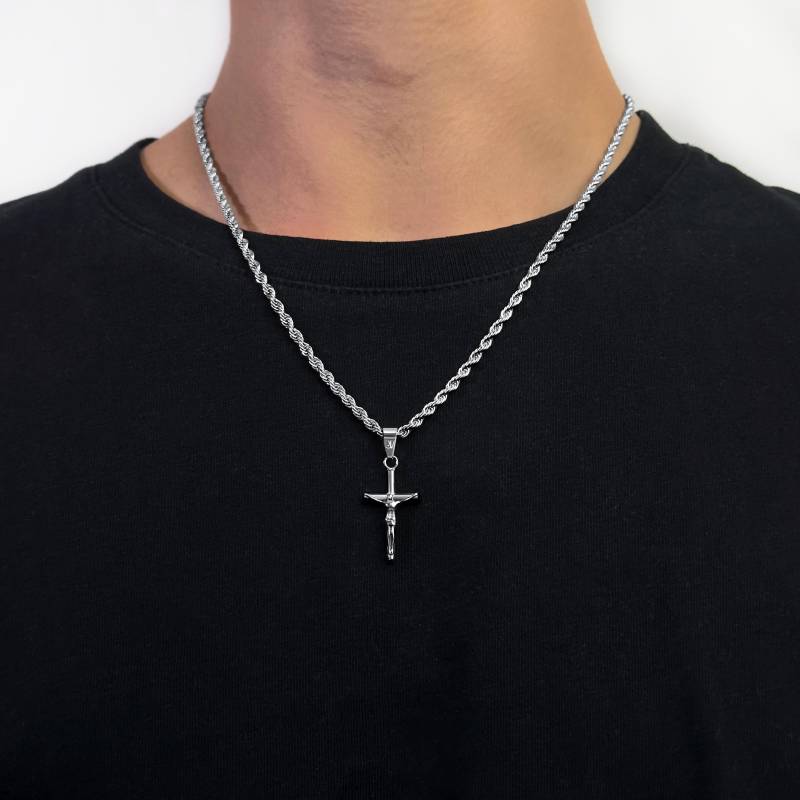 Jesus Cross Chain Silver | Crucifix Necklace Men 3mm Twisted Rope Pendant Religious Jewelry Gift Idea von StainlessJV