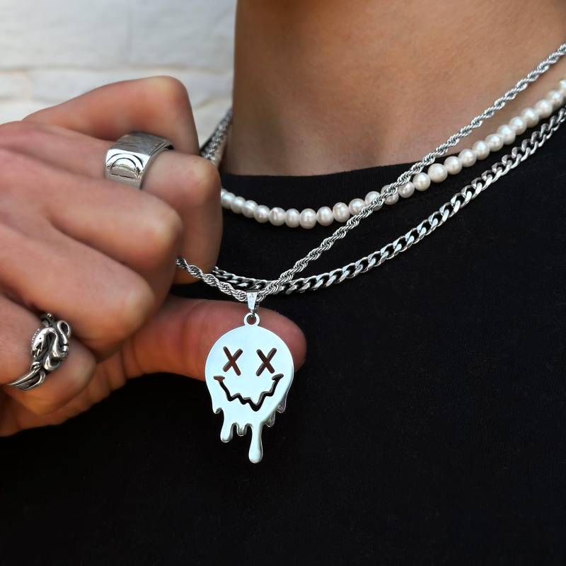 Melting Smiley Chain Silver | Drippy Necklace 3mm Twisted Rope Face Streetwear Jewelry Men Gift Idea von StainlessJV