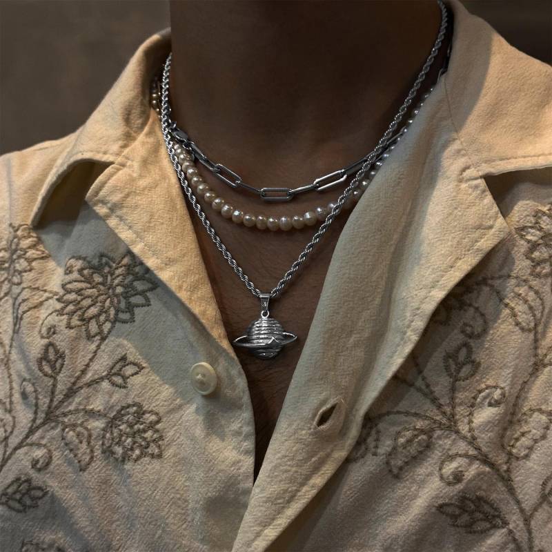Planet Chain Silver | Pendant Necklace Space 3mm Twisted Rope Saturn Men Gift Idea von StainlessJV