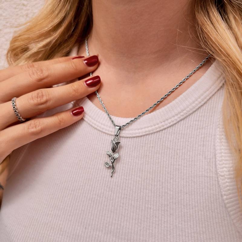 Silver Chain Women | Rose Pendant 2mm Rope Necklace Flower Jewelry Minimalistic Waterproof & Non Fading von StainlessJV