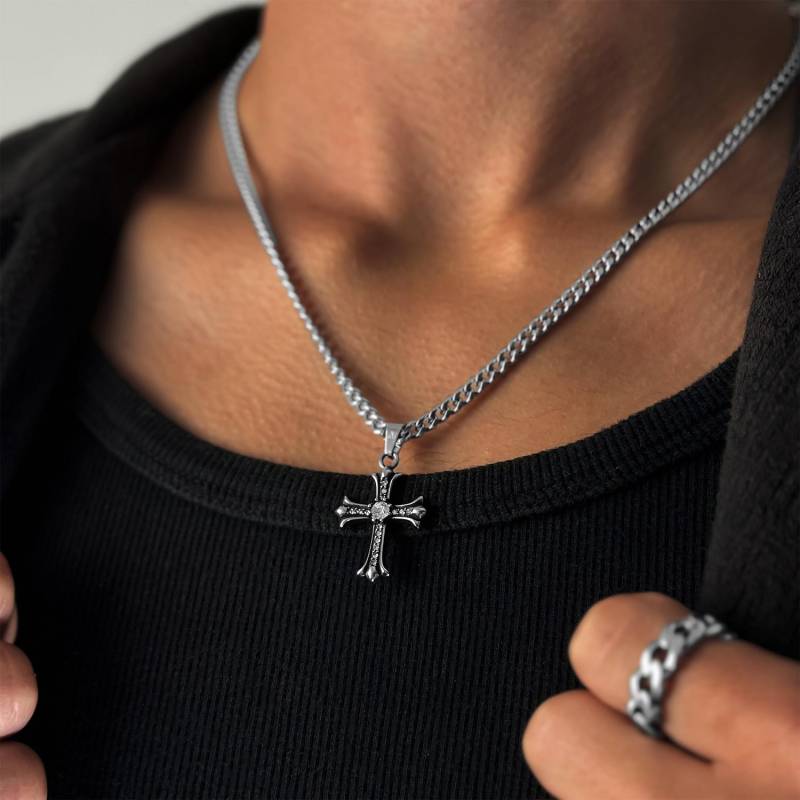 Y2K Cross Chain Silver | Shiny Necklace Men 4mm Cuban Link With Pendant Streetwear Jewelry von StainlessJV