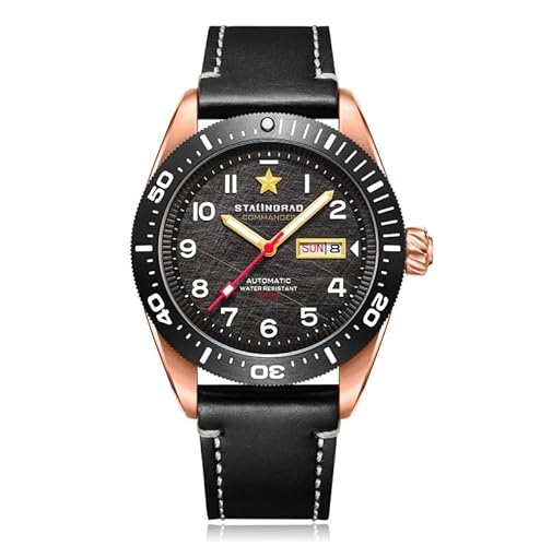 Stalingrad Commander Automatik Bronze Leder Schwarz Datum Saphir Herrenuhr, Schwarz , Armband von Stalingrad