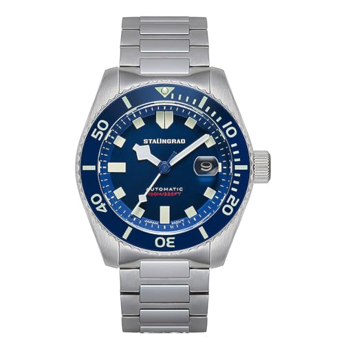 Stalingrad Wolga Defender Automatik Stahl Blau Datumsanzeige Keramik Saphir Herrenuhr, blau, Armband von Stalingrad