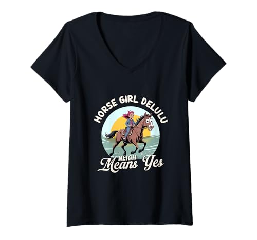 Damen Pferdemädchen Delulu Neigh bedeutet Ja Pferdereiten T-Shirt mit V-Ausschnitt Damen Pferdemädchen Delulu Neigh bedeutet Ja Pferdereiten T-Shirt mit V-Ausschnitt von Stallleben Pferdemädchen Reiterinnen Rodeo Grafik
