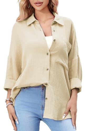 Stamain Bluse Baumwolle Damen Lässiges Musselin Hemd Langarm Cream V Ausschnitt Einfarbig Longbluse Oberteil für Frauen Lose Große Größen Hemdbluse für Leggings XXL von Stamain