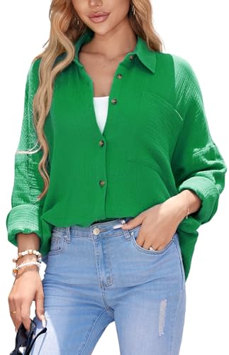 Stamain Bluse Baumwolle Damen Lässiges Musselin Hemd Langarm Grün V Ausschnitt Einfarbig Longbluse Oberteil für Frauen Lose Große Größen Hemdbluse für Leggings L von Stamain