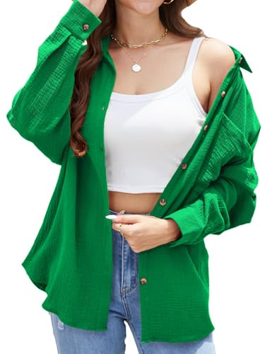 Stamain Bluse Baumwolle Damen Lässiges Musselin Hemd Langarm Grün V Ausschnitt Einfarbig Longbluse Oberteil für Frauen Lose Große Größen Hemdbluse für Leggings S von Stamain