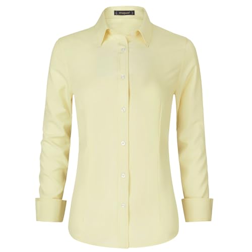 Stamain Bluse Beige Damen Baumwolle Businesshemd Langarm V Ausschnitt Blusenshirt mit Knopleiste Slim Fit S von Stamain