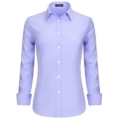 Stamain Bluse Blassviolett Damen Baumwolle Businesshemd Langarm V Ausschnitt Blusenshirt mit Knopleiste Slim Fit M von Stamain