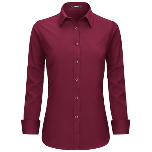 Stamain Bluse Damen Baumwolle Burgund Büroblusen Langarm V-Ausschnitt Blusenshirt mit Knopleiste Slim Fit 3XL von Stamain