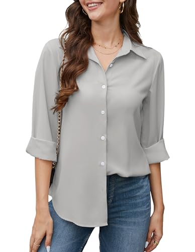 Stamain Bluse Damen Grau Langarm Chiffon Hemd mit Knöpfen Elegant Formelle Arbeit Büro Blusen L von Stamain