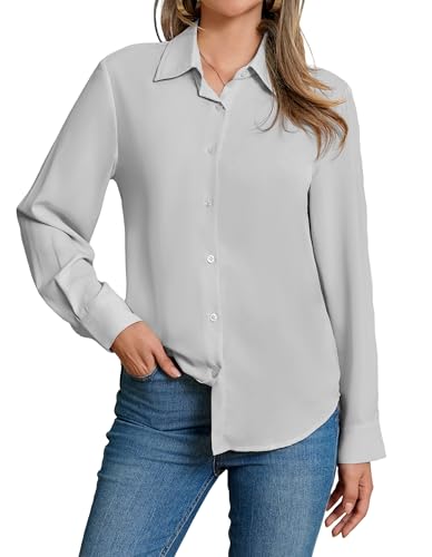 Stamain Bluse Damen Grau Langarm Chiffon Hemd mit Knöpfen Elegant Formelle Arbeit Büro Blusen M von Stamain