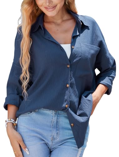 Stamain Damen Bluse Langarm Hemd Marineblau Damenblusen Oversized Hemdbluse Sommer Leicht und Luftig Langarmshirt Einfarbig Oberteil Baumwolle Polyester Lässig Longbluse für Leggings Ferien Outfit XXL von Stamain