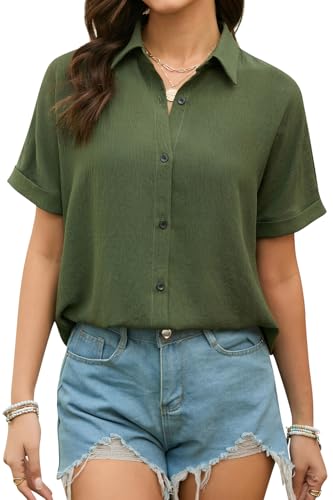 Stamain Bluse Damen Kurzarm Musselin Hemdbluse Damen Sommer Lässig Bluse Elegante V-Ausschnitt Kurzarmbluse mit Knöpfen Armee Grün XL von Stamain