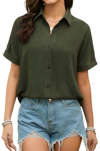 Stamain Bluse Damen Kurzarm Musselin Hemdbluse Damen Sommer Lässig Bluse Oliv Grün Hemd Elegante V-Ausschnitt Musselin mit Knöpfen XL von Stamain