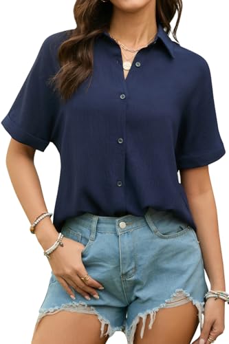 Stamain Bluse Damen Kurzarm Musselin Hemdbluse Damen Sommer Lässig Blusen Marine Blau Elegante V-Ausschnitt Kurzarmbluse mit Knöpfen L von Stamain