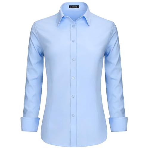 Stamain Bluse Damen Langarm Basic Hellblaue Hemdbluse Slim Fit Arbeitshemden V-Ausschnitt Damen mit Knopleiste 2XL von Stamain