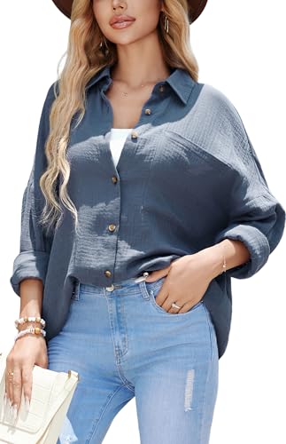 Stamain Bluse Damen Musselin Dunkelgrau Hemdbluse Damen Langarm mit Baumwolle Oberteile Hemd Große Größen Freizeit Longbluse für Frauen Sommer Strand XL von Stamain