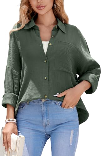 Stamain Bluse Damen Musselin Grün Hemdbluse Damen Langarm Baumwolle V Ausschnitt Oberteile Hemd Große Größen Longbluse Sommer Freizeit Hemd-Bluse für Frauen 2XL von Stamain