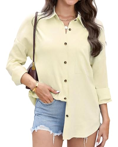 Stamain Damen Bluse Langarm Hemd Hellgelb Damenblusen Oversized Hemdbluse Sommer Leicht und Luftig Langarmshirt Einfarbig Oberteil Baumwolle Polyester Lässig Longbluse für Leggings Ferien Outfit XXL von Stamain