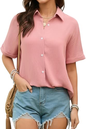 Stamain Bluse Damen Musselin Hemdbluse Damen Kurzarm Lässig V-Ausschnitt Bluse Musselin Elegant Rosa Sommerblusen mit Knöpfen M von Stamain