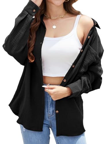 Stamain Bluse Damen Musselin Schwarz Hemdbluse Damen Langarm Baumwolle V Ausschnitt Oberteile Hemd Große Größen Freizeit Longbluse Frauen für Sommer Stand M von Stamain