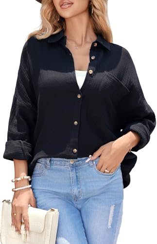 Stamain Bluse Damen Musselin Schwarz Hemdbluse Damen Langarm Baumwolle V Ausschnitt Oberteile Hemd Große Größen Freizeit Longbluse Frauen für Sommer Stand XL von Stamain