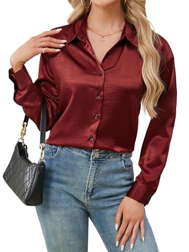 Stamain Bluse Damen Satin Seide Elegant V-Ausschnitt Hemden Langarm Business Oberteile mit Knöpfen Casual Weinrot Langarmshirt M von Stamain
