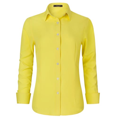 Stamain Bluse Gelb Damen Baumwolle Businesshemd Langarm V Ausschnitt Blusenshirt mit Knopleiste Slim Fit L von Stamain