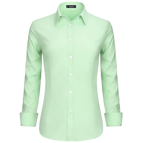 Stamain Bluse Hellgrün Damen Baumwolle Businesshemd Langarm V Ausschnitt Blusenshirt mit Knopleiste Slim Fit 4XL von Stamain