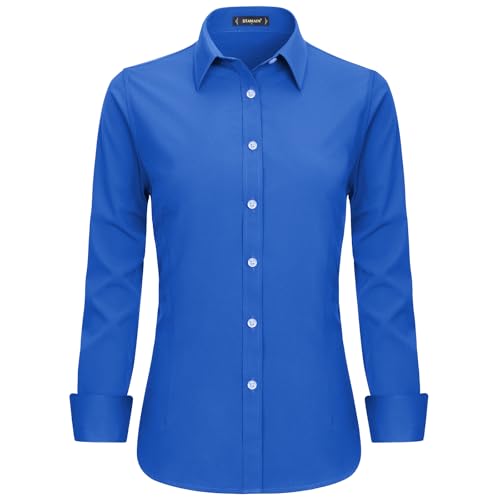 Stamain Bluse Königsblau Damen Baumwolle Businesshemd Langarm V Ausschnitt Blusenshirt mit Knopleiste Slim Fit XL von Stamain