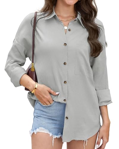 Stamain Bluse Musselin Damen Hemdbluse Sommer Blusen Hellgrau Hemd Langarm Blusenshirt Oberteile Oversized Langarmshirt V-Ausschnitt Longbluse L von Stamain