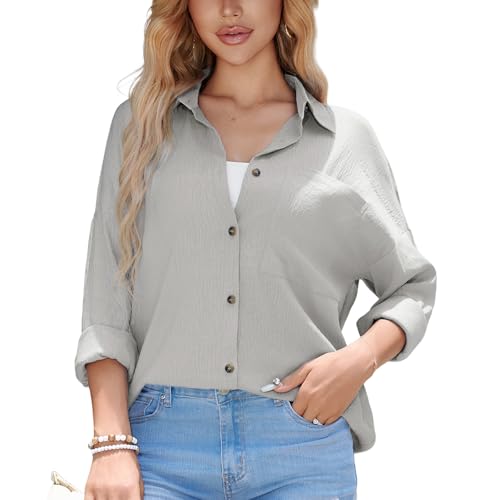 Stamain Bluse Musselin Damen Hemdbluse Sommer Blusen Hellgrau Hemd Langarm Blusenshirt Oberteile Oversized Langarmshirt V-Ausschnitt Longbluse S von Stamain