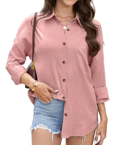 Stamain Hemd Rosa Damen Hemdbluse Langarm Lässiges Musselin Bluse Damen Sommer Herbst Damenblusen V-Ausschnitt Longbluse für Leggings Oberteil Elegant für Strand Party Dating Arbeit XL von Stamain