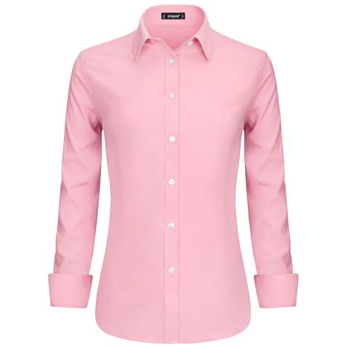 Stamain Bluse Rosa Damen Baumwolle Businesshemd Langarm V Ausschnitt Blusenshirt mit Knopleiste Slim Fit 2XL von Stamain