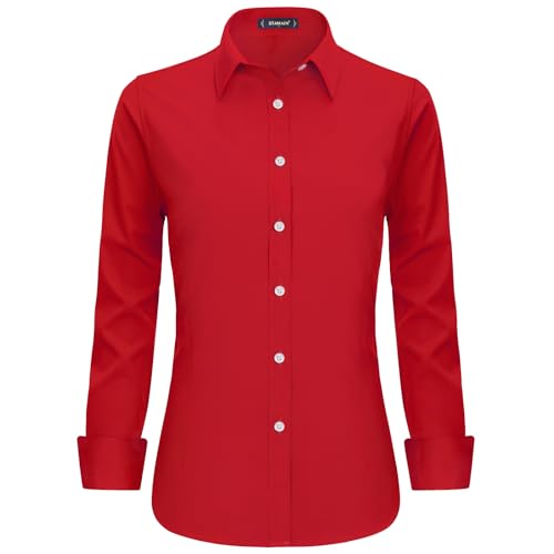 Stamain Bluse Rot Damen Baumwolle Businesshemd Langarm V Ausschnitt Blusenshirt mit Knopleiste Slim Fit XL von Stamain