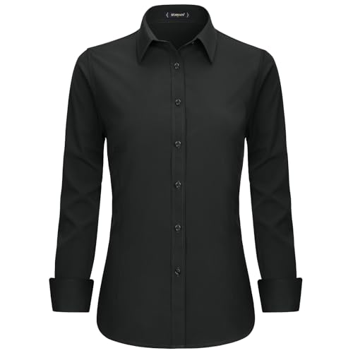 Stamain Bluse Schwarz Damen Baumwolle Businesshemd Langarm V-Ausschnitt Blusenshirt mit Knopleiste Slim Fit S von Stamain