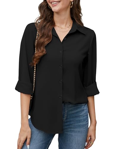 Stamain Bluse Schwarz Damen Elegant Chiffon Shirt Langarm V-Ausschnitt Business Büro Kragen Hemd XL von Stamain