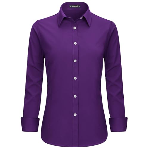 Stamain Bluse Violett Damen Baumwolle Businesshemd Langarm V Ausschnitt Blusenshirt mit Knopleiste Slim Fit S von Stamain