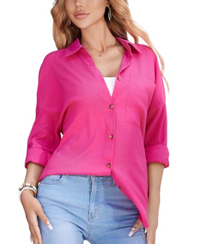 Stamain Musselin Hemd Damen Langarm Bluse Damen Fuchsia Damenblusen Pink Sommer Lässiges Hemdbluse Oversized V-Ausschnitt Freizeit Longbluse für Leggings Oberteil Party Reisen XXL von Stamain