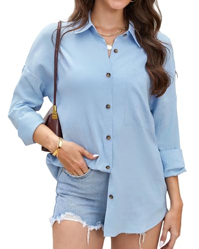 Stamain Hemd Hellblau Damen Bluse Langarm Sommer Lässig Hemdbluse Leicht und Luftig Damenblusen Oversized V-Ausschnitt Einfarbig Oberteil Longbluse mit Brusttasche für Büro Business Größen S von Stamain