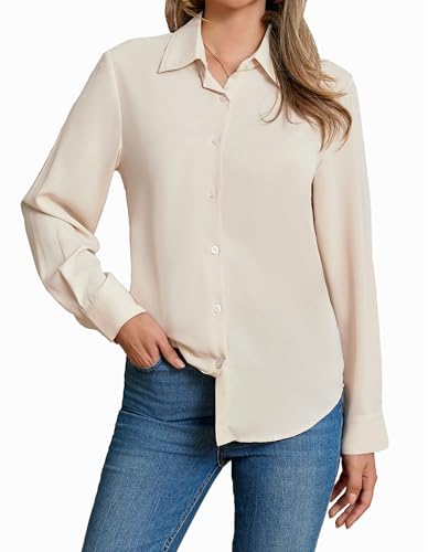 Stamain Damen Bluse Beige Langarm Chiffon Hemd Elegant Casual V-Ausschnitt Arbeit Büro Blusen Einfarbig Formelle 3XL von Stamain