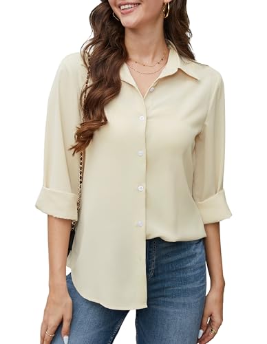 Stamain Damen Bluse Beige Langarm Chiffon Hemd Elegant Casual V-Ausschnitt Arbeit Büro Blusen Einfarbig Formelle XXL von Stamain