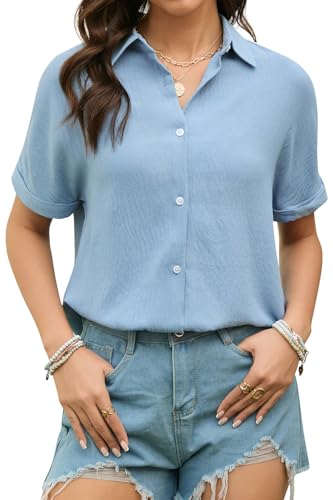 Stamain Damen Bluse Blau Kurzarm Hemden Musselin Sommer Hemdbluse Damen Lässig Elegante V-Ausschnitt Bluse mit Knöpfen XL von Stamain