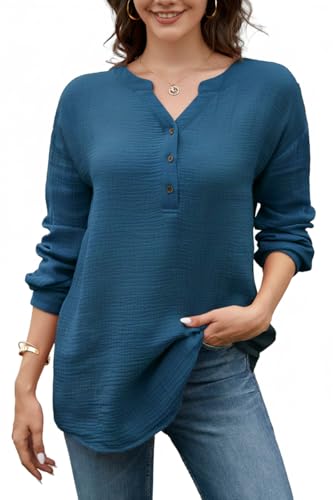 Stamain Damen Bluse Langarm Musselin Bluse Damen 100% Baumwolle V-Ausschnitt Henley Blau Blusenshirt Casual Elegant mit Einfarbig Atmungsaktive Oberteile XL von Stamain