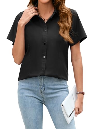 Stamain Damen Bluse Schwarz Kurzarm Slim Fit Formelle Büro Hemd Business Arbeithemd Sommer Knöpfen Hemden S von Stamain