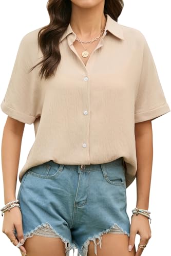 Stamain Damen Bluse Sommer Kurzarm Hemdbluse Damen V-Ausschnitt Musselin Hemd Lässig Khaki Kurzarmbluse mit Knöpfen XL von Stamain