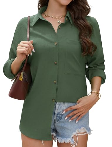 Stamain Hemd Damen Langarm Armeegrün Bluse Sommer Lässig Hemdbluse Leicht und Luftig Damenblusen Oversized Oberteil Baumwolle Polyester Mischgewebe Longbluse mit Brusttasche für Reisen Urlaub Größen M von Stamain